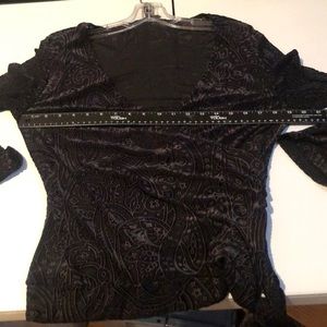 Olivia Paige large block flocked velvet faux wrap top bell sleeve tie at waist